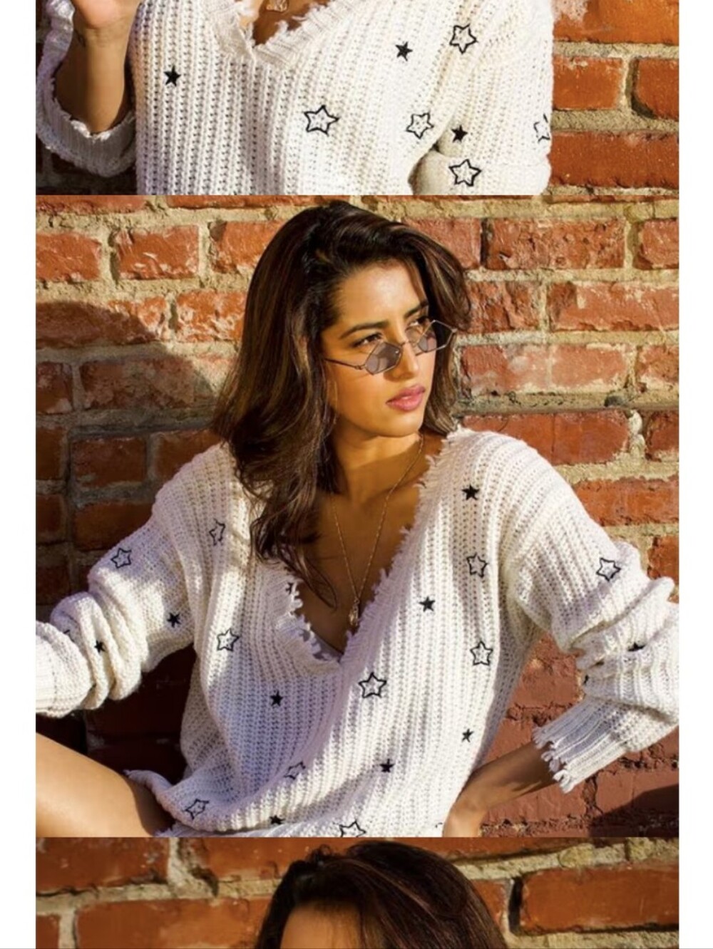4SI3NNA Cream V-Neck Sweater with Black Star Accents‎